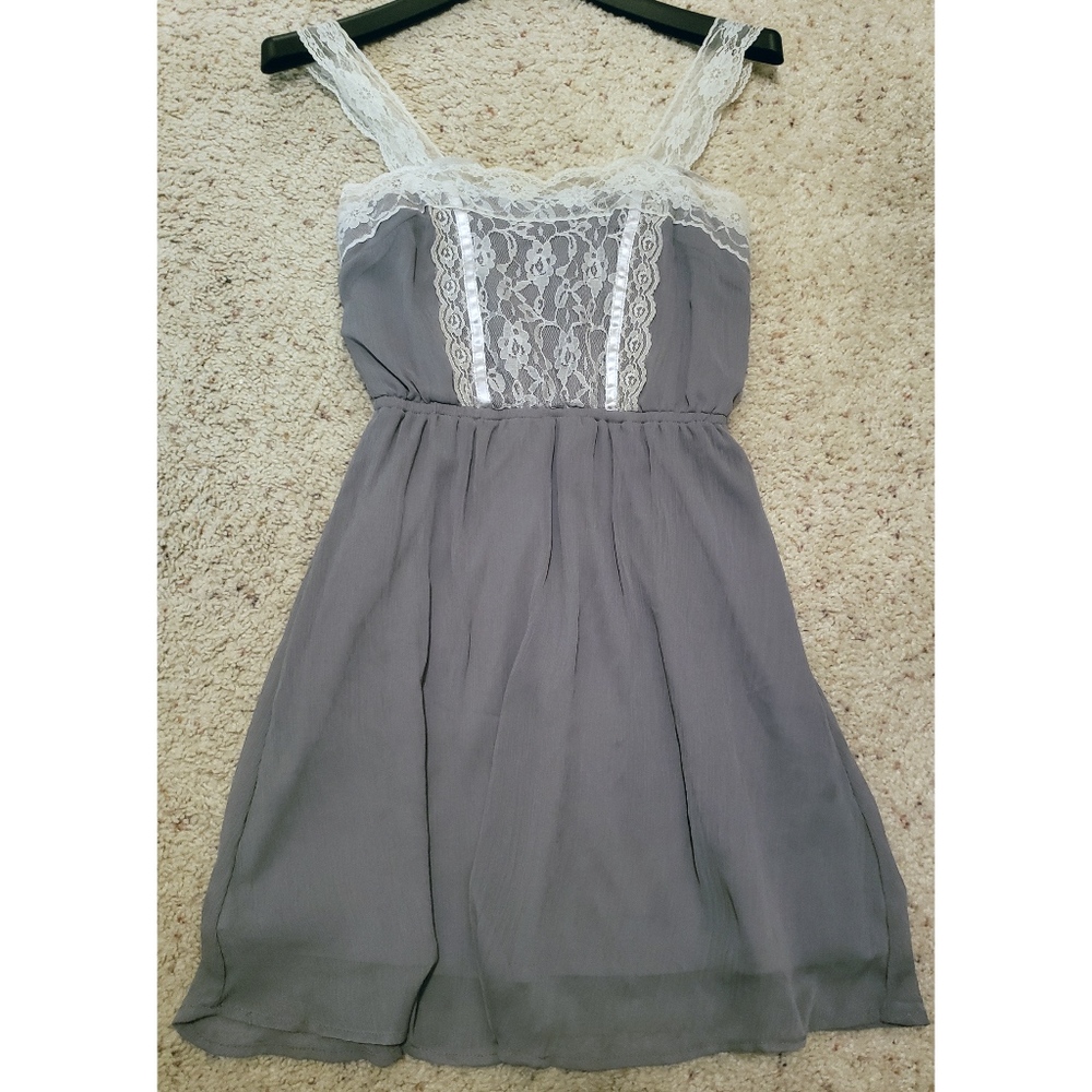Grey Chiffon and White Lace Dress